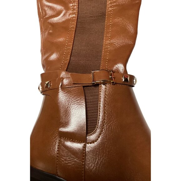 Torgies Womens 6 Cognac Brown Faux Leather Riding Boots With Gold Studded Strap - Picture 9 of 16